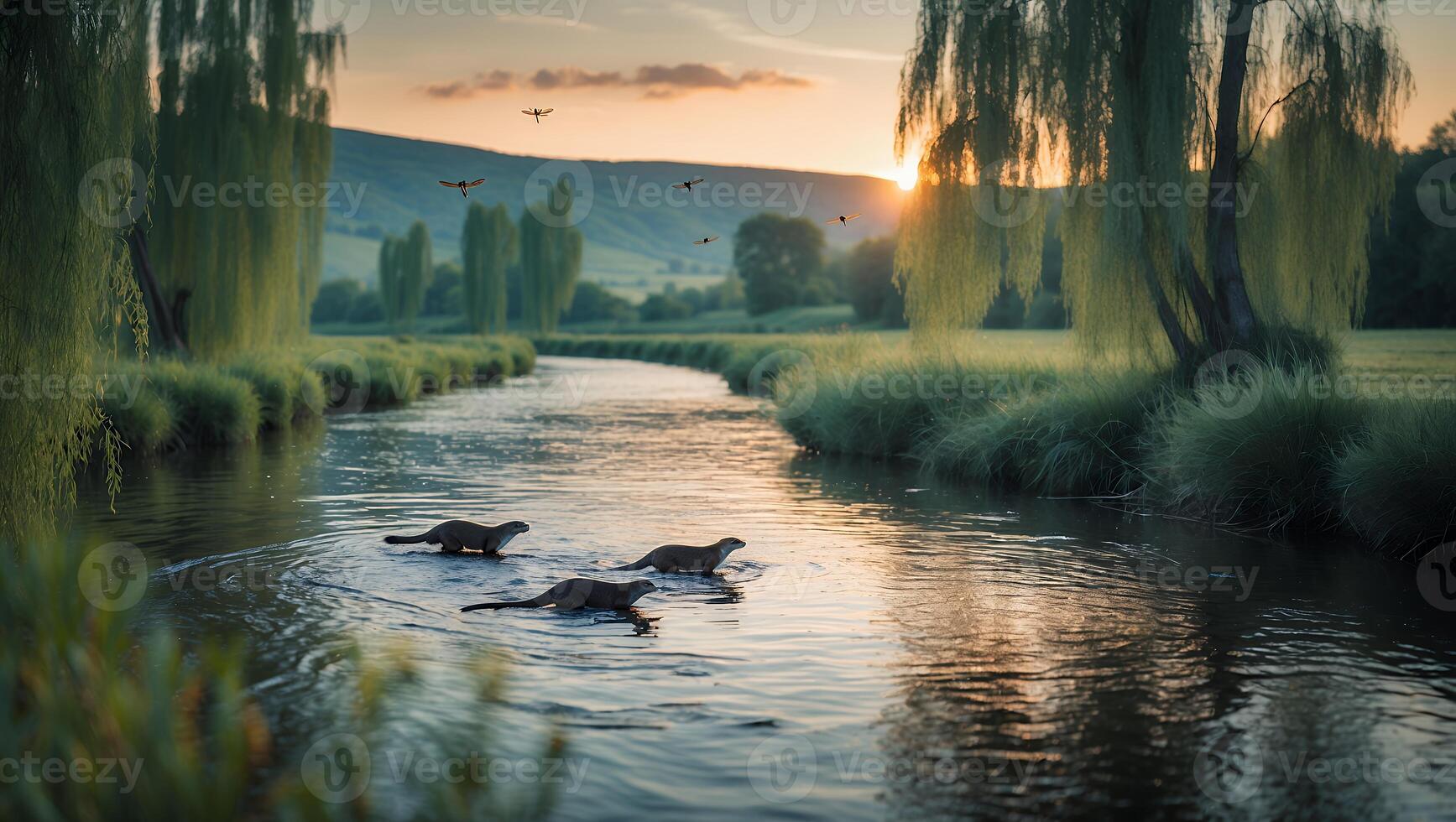 Otters Swimming in River at Sunset with Willow Trees Around photo