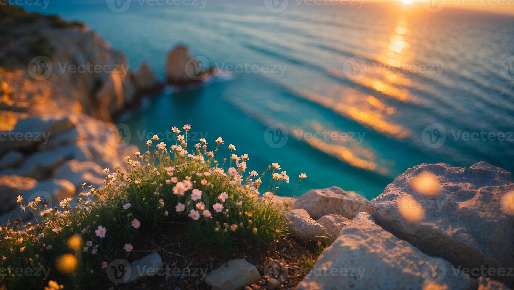 Coastal Wildflowers at Golden Hour Overlooking Ocean with Dramatic Cliffside photo