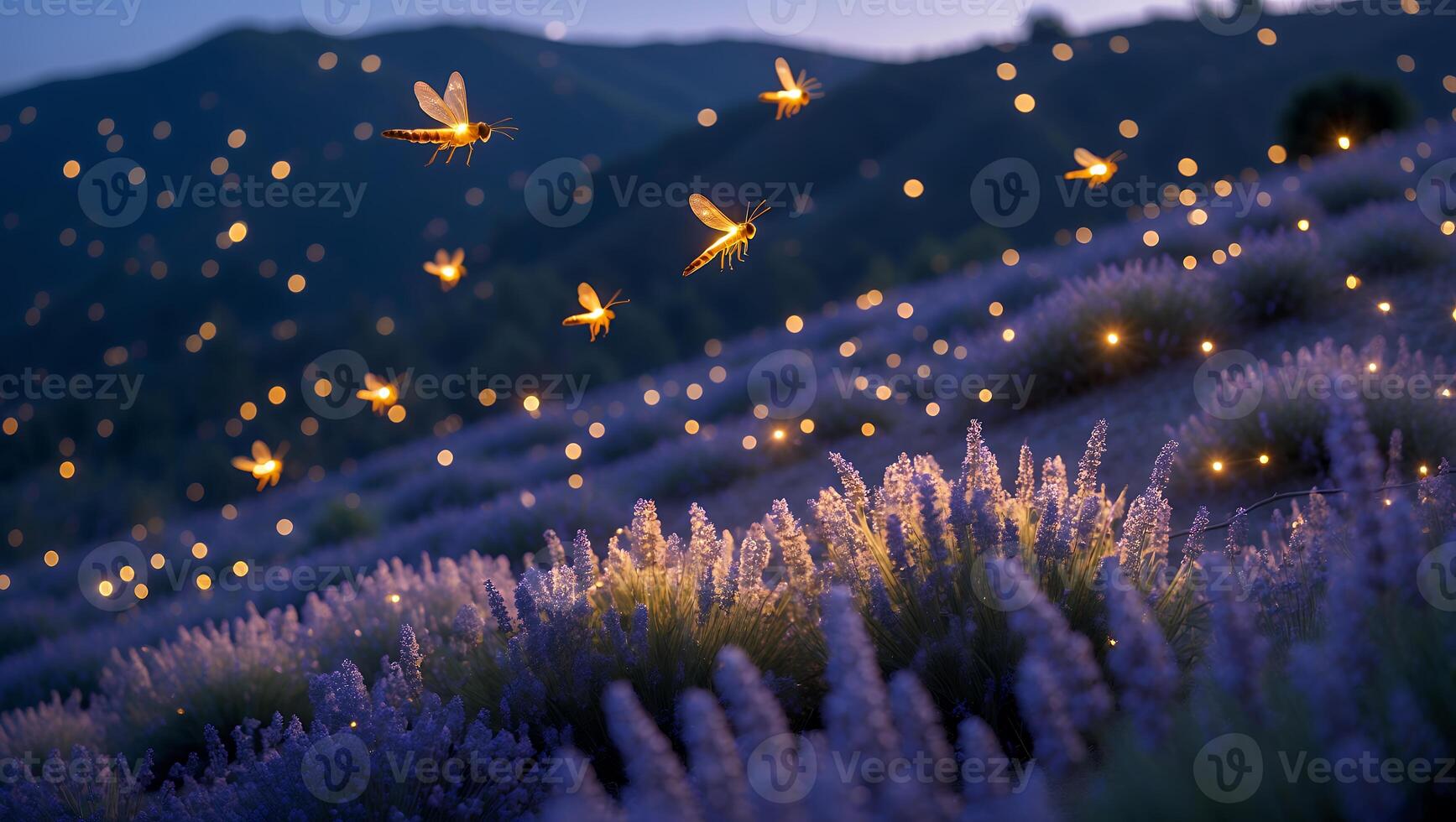 Flying Insects Over Lavender Field at Twilight with Glowing Lights photo