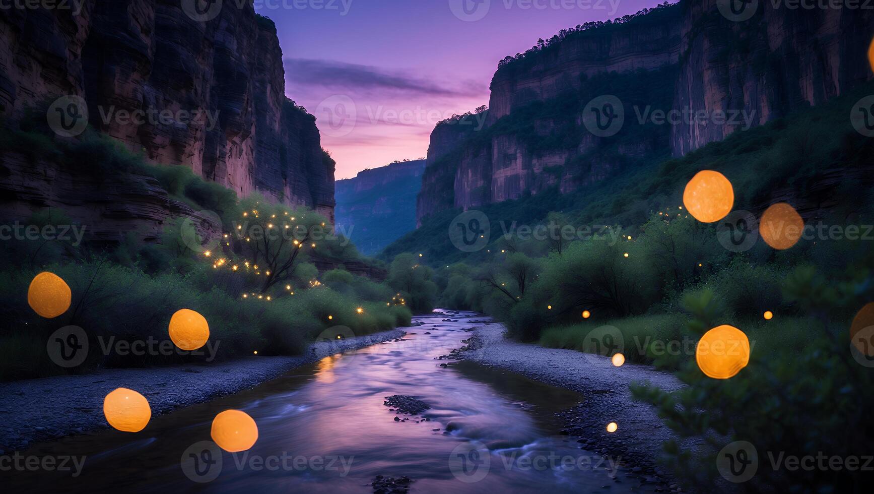 Flowing River Through Canyon at Dusk with Decorative Spheres photo