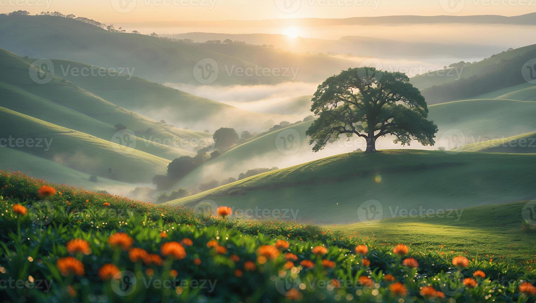 Rolling Green Hills Landscape with Oak Tree and Morning Mist photo