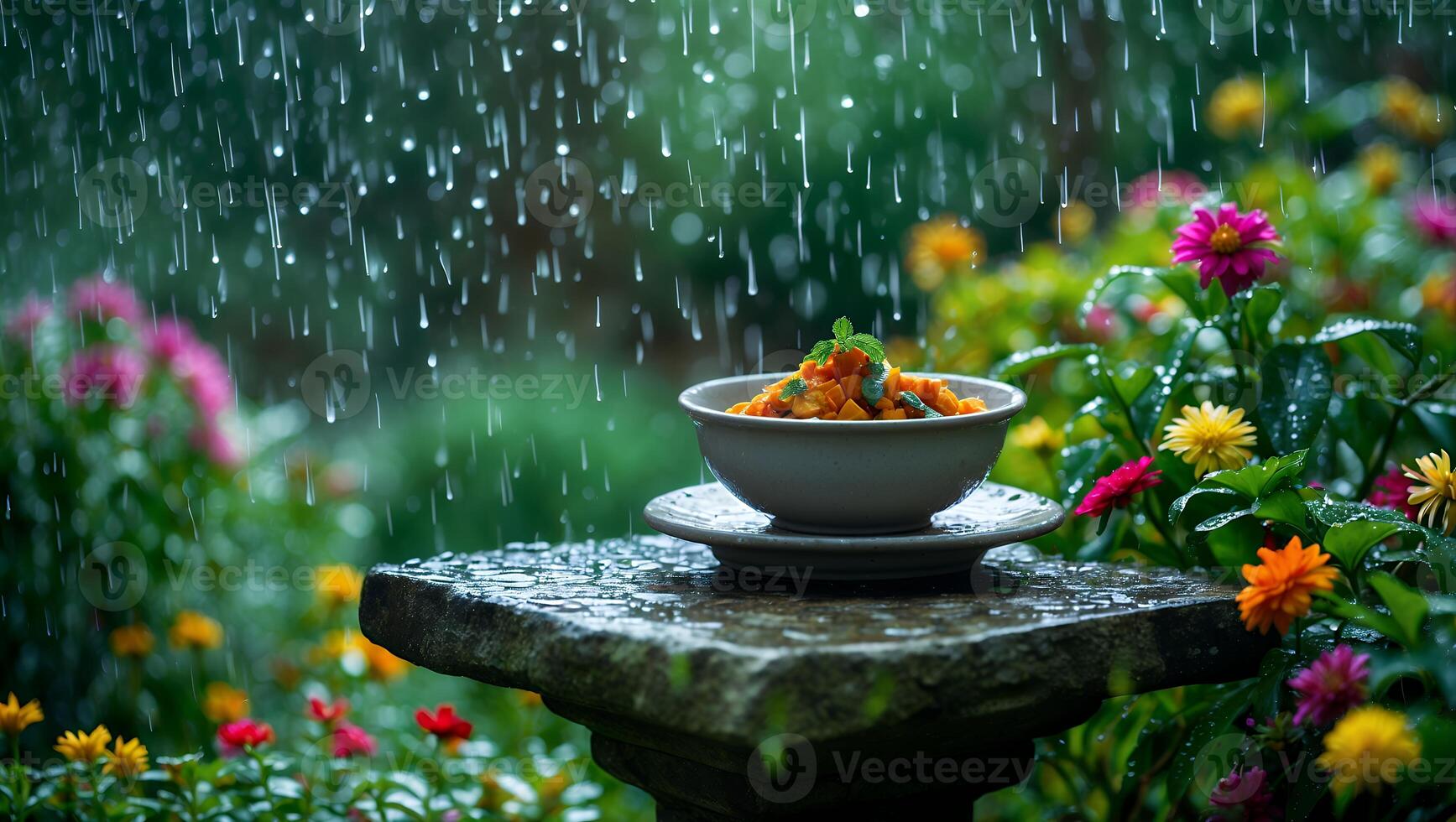 Bowl of Food Sitting on Stone Table in Rainy Garden photo