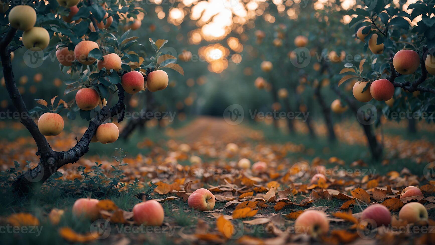 Apple Orchard at Sunset with Fallen Apples and Autumn Leaves photo