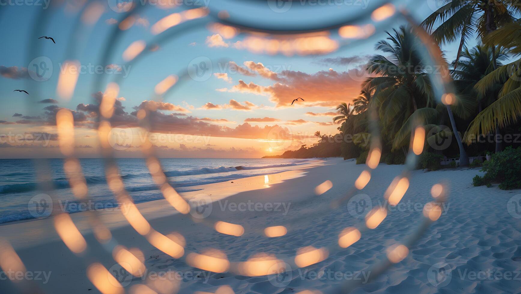 Tropical Beach at Sunset Framed by Circular Bokeh Pattern photo