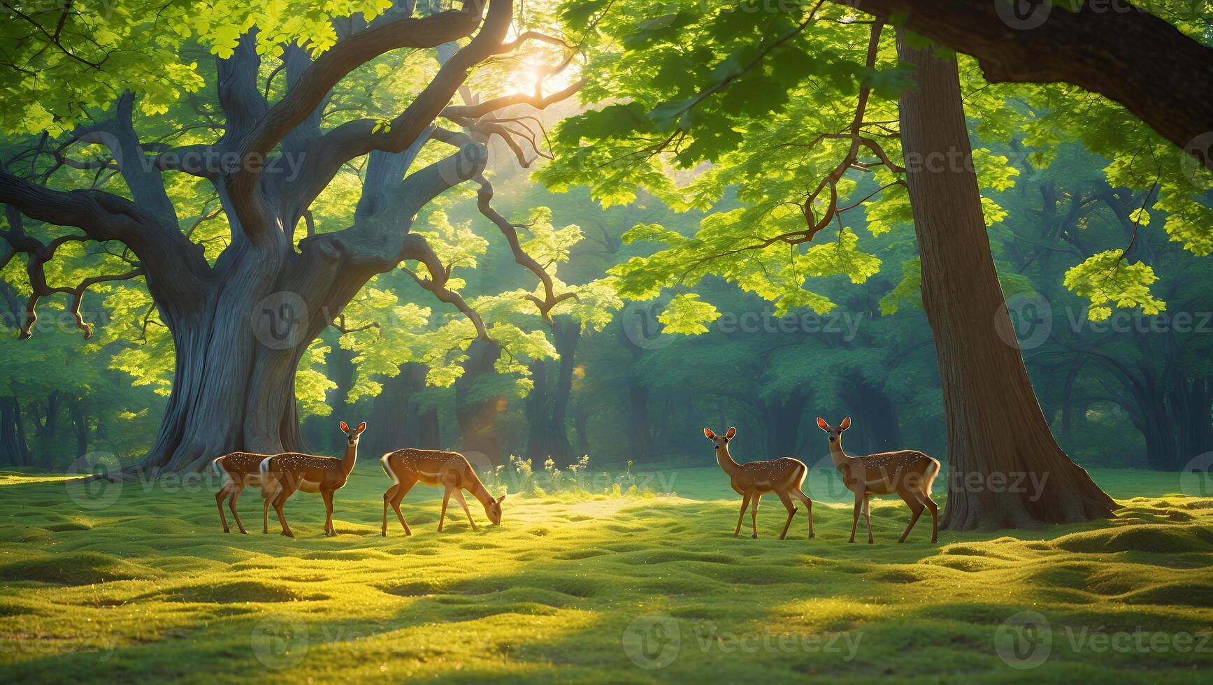 Deer Grazing in Sunny Forest Glade with Lush Green Trees photo