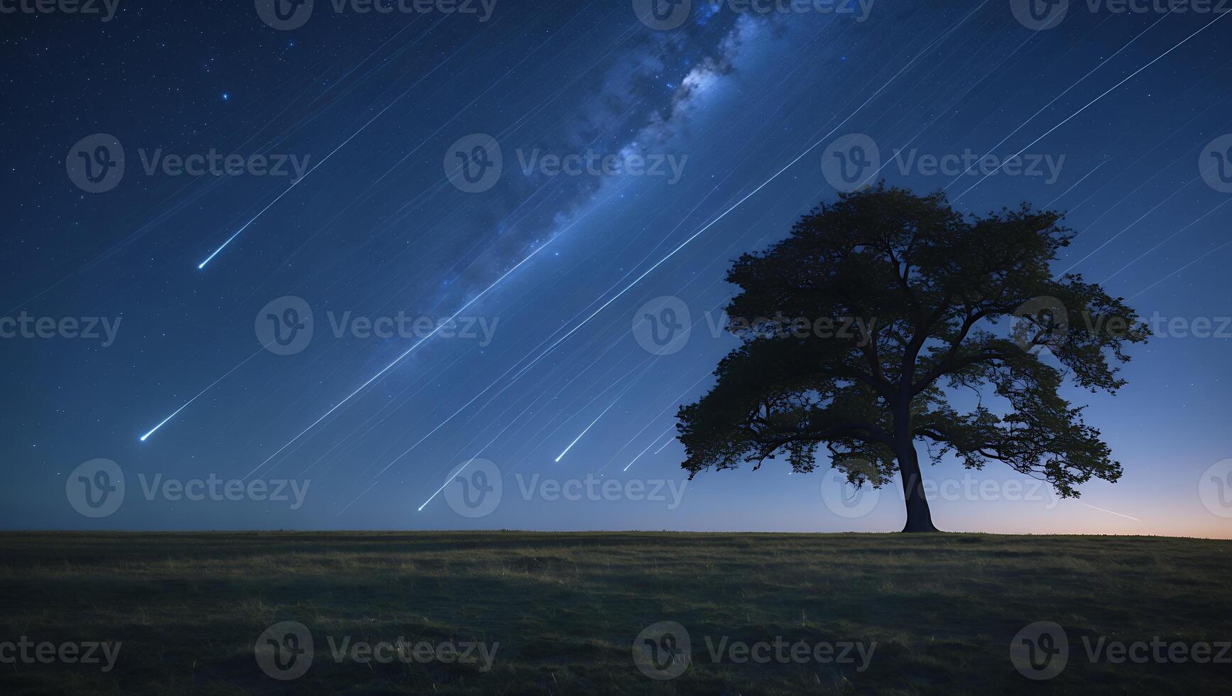 Observing Night Sky with Meteor Shower Over Field and Tree photo