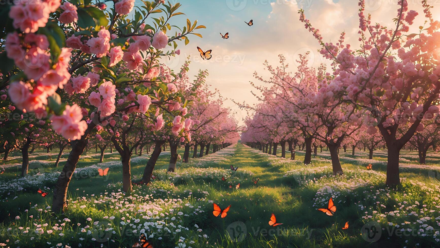 Blooming Orchard with Pink Flowers Butterflies and Warm Sunlight photo