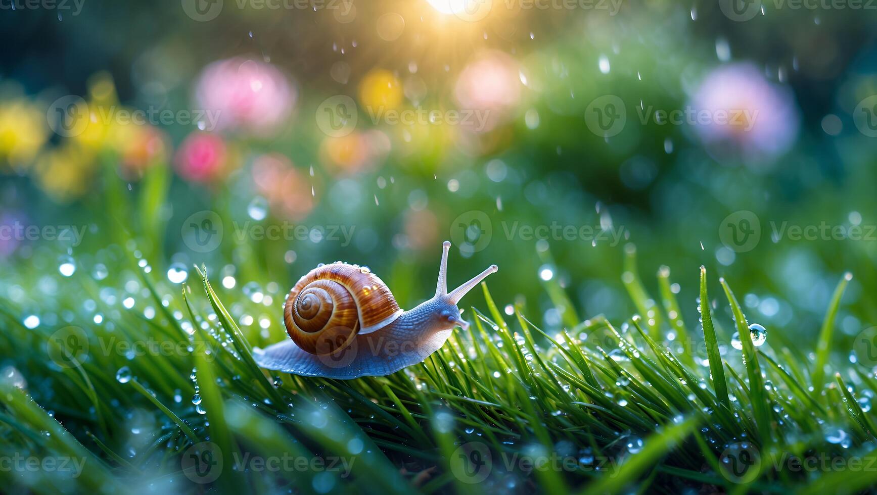 Snail Crawling Through Grass in Rain with Sunlight Background photo