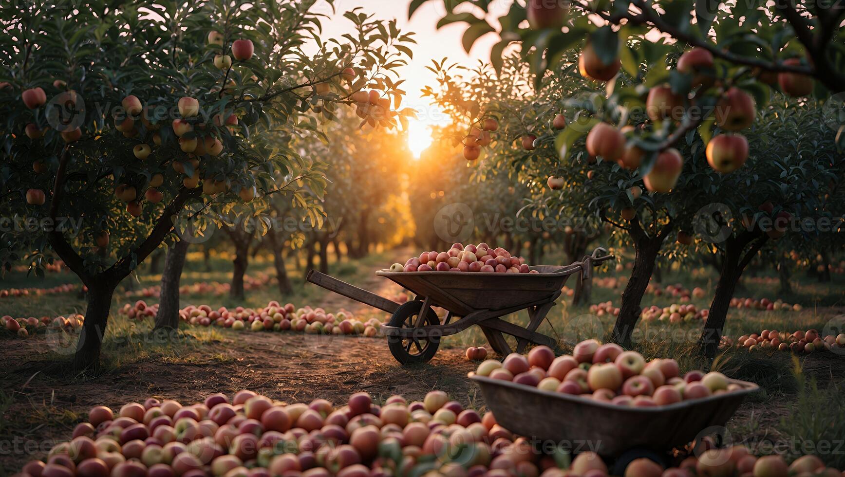 Harvesting Apples in Orchard at Sunset with Wheelbarrow and Fallen Fruit photo