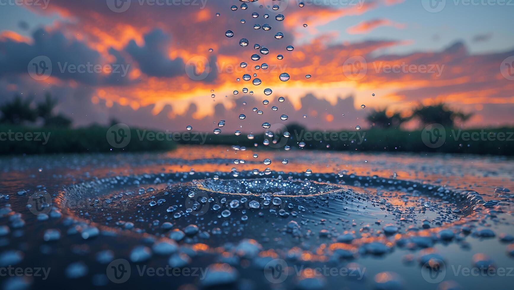 Water Droplets Falling Into Lake at Sunset Creates Rippling Effect photo