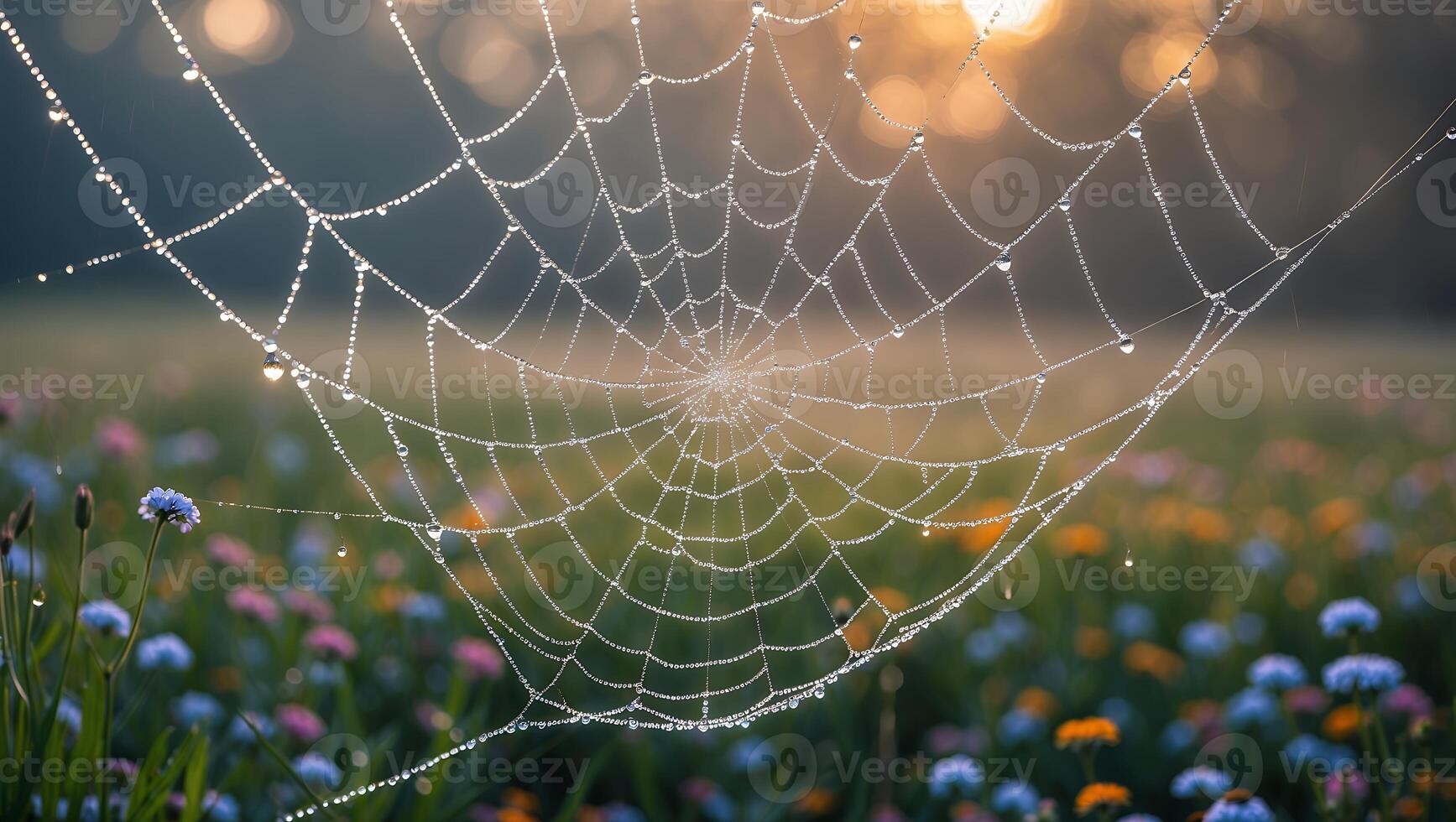 A spider web is covered with dew photo