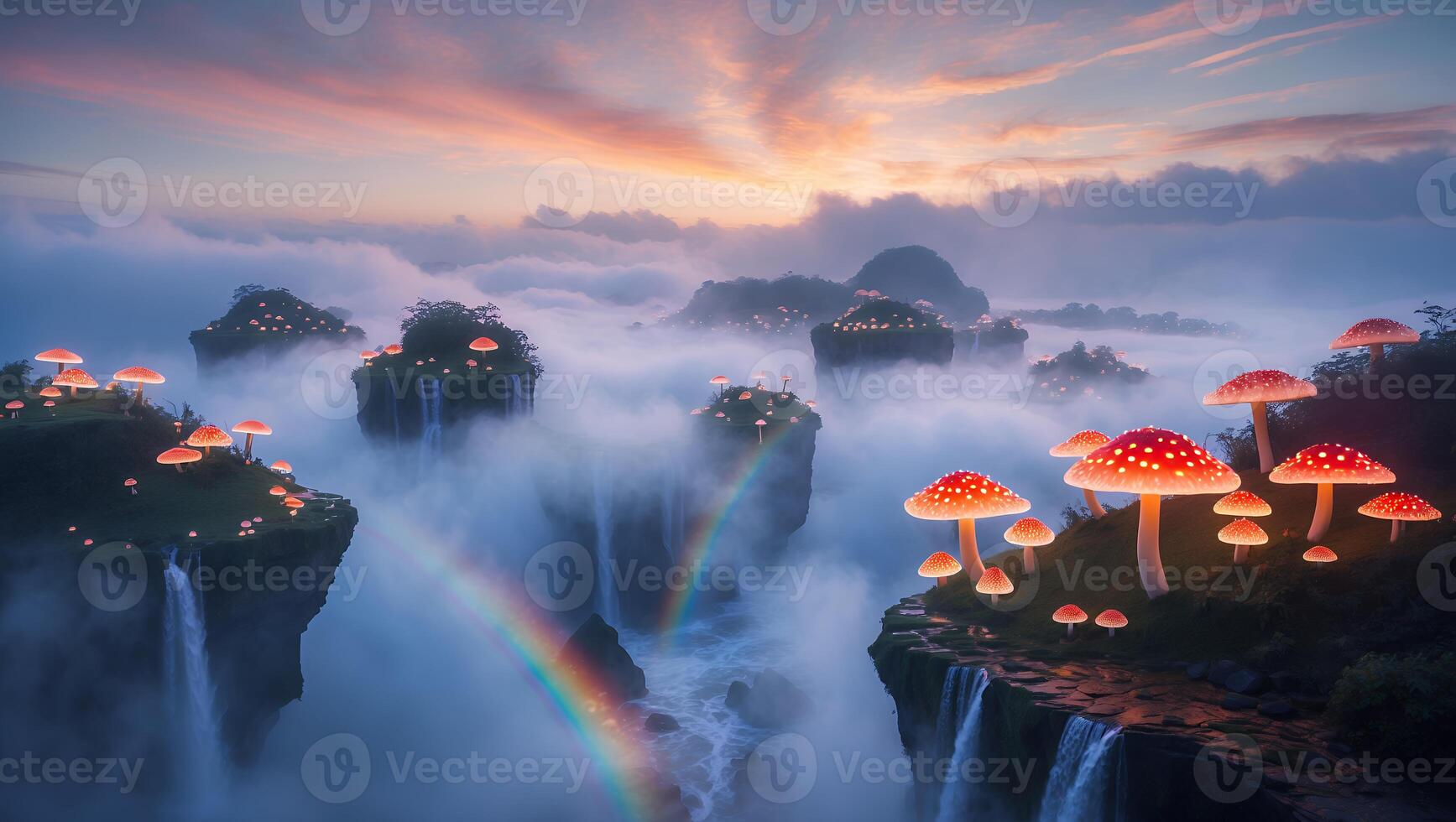 Glowing Mushrooms on Fantasy Island with Waterfalls and Rainbow photo