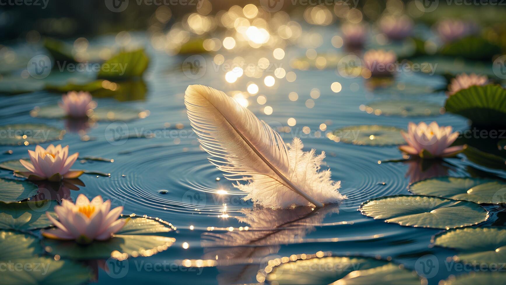 Feather Floating on Pond with Lily Pads and Sunlight photo