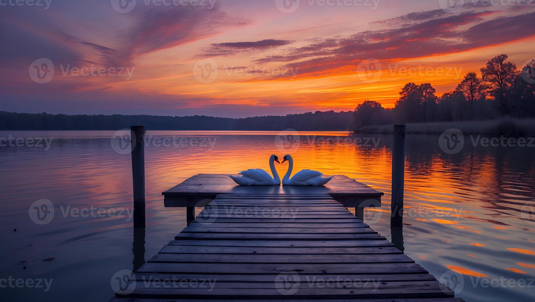 Swans on Dock at Sunset Forming Heart Shape Reflecting in Water photo