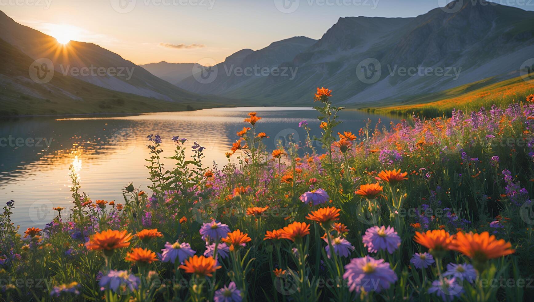 Lake at Sunset with Colorful Wildflowers and Mountain Backdrop photo