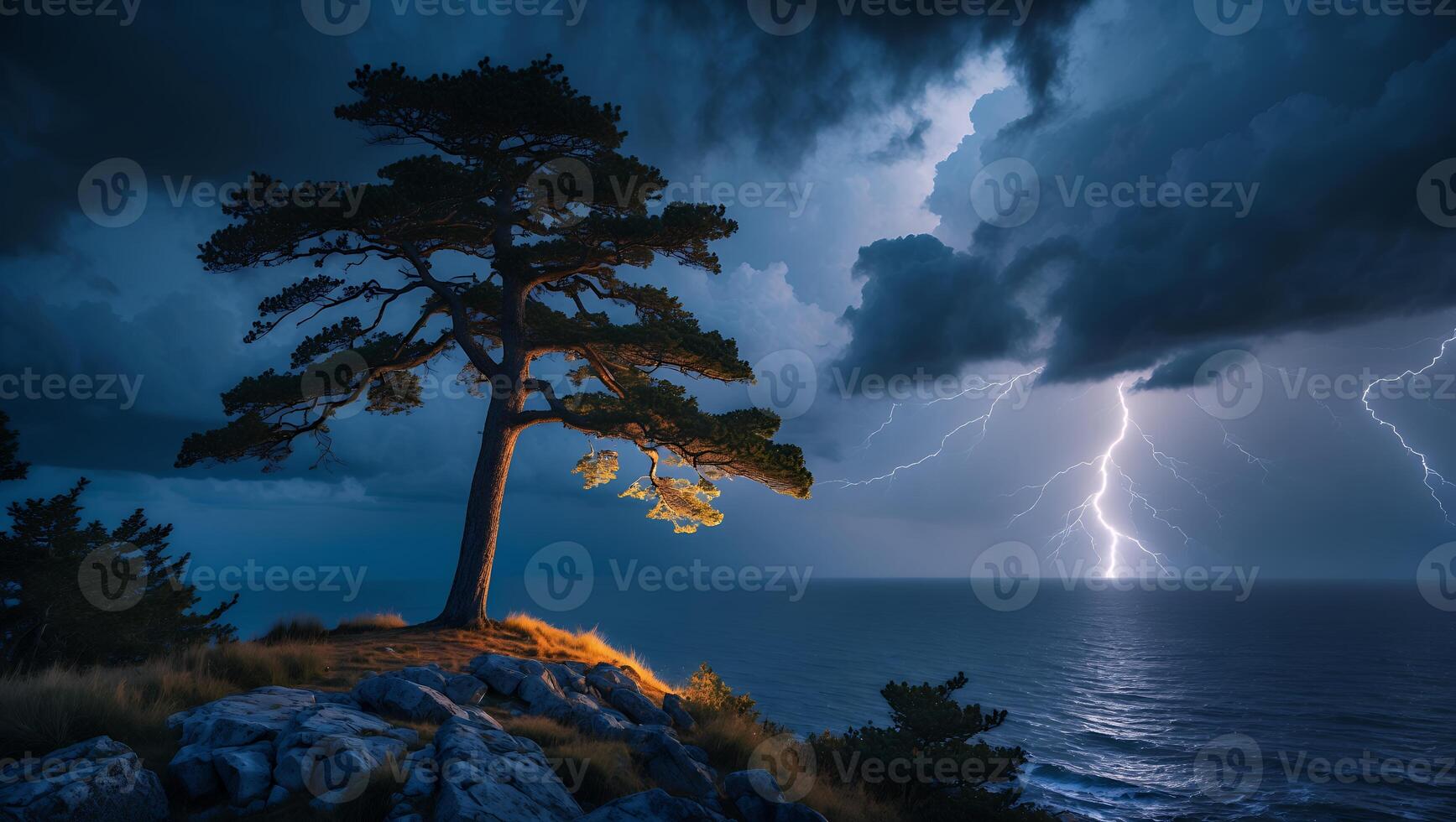 Dramatic Tree on Cliff with Lightning Over the Ocean at Night photo