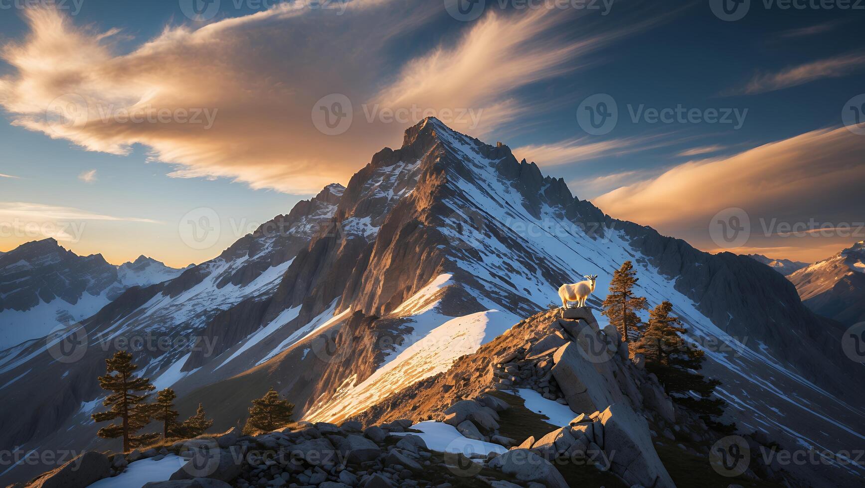 Mountain Goat Standing Atop Snowy Peak with Golden Light Sunrise photo