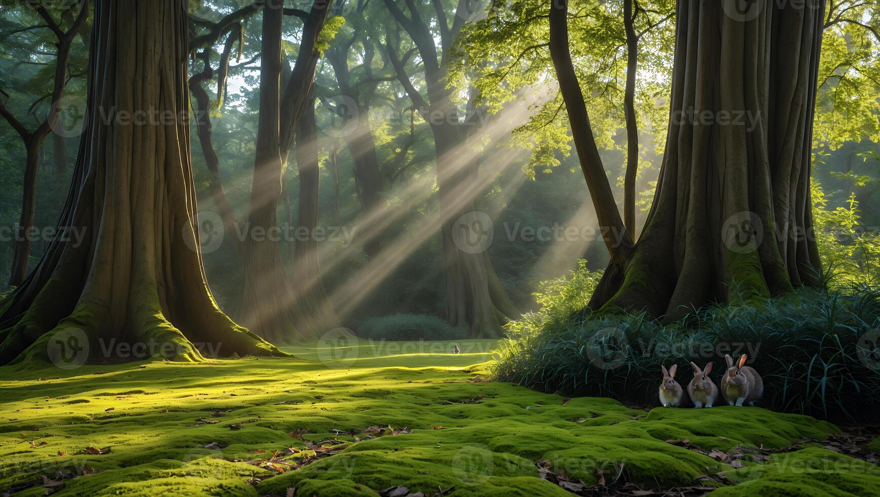 Rabbits in Forest with Sunbeams Streaming Through Green Mossy Floor photo