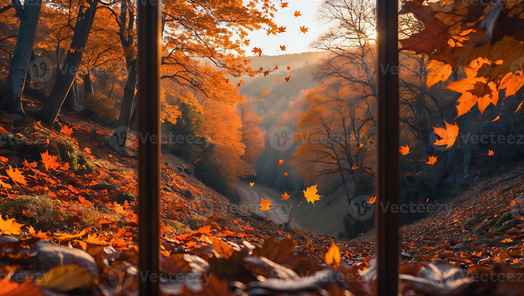 Autumn Forest View Through Window Frame with Falling Maple Leaves photo