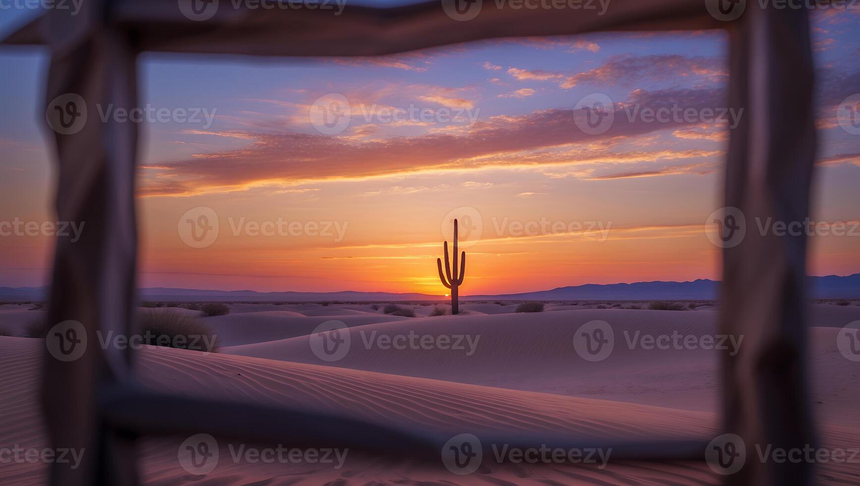 Cactus Silhouette in Desert Sand Dunes at Colorful Sunset Through Frame photo