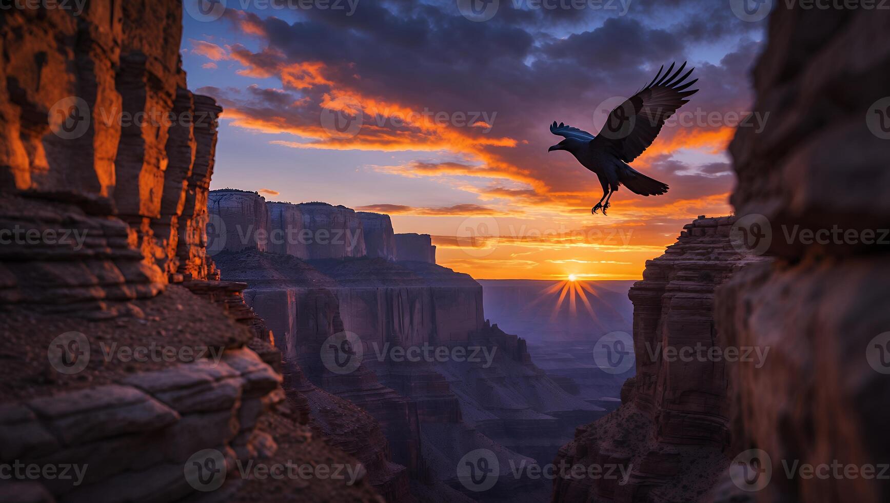 Raven Flying Over Canyon at Sunset with Vivid Orange Sky photo