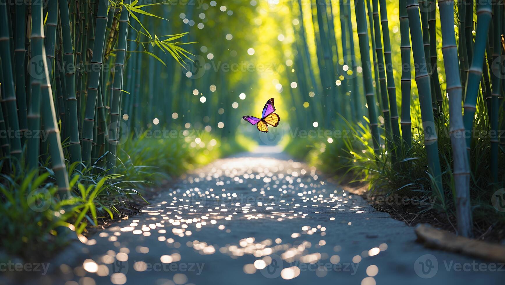 Butterfly Flying in Bamboo Forest Path with Bokeh Sunlight Effect photo