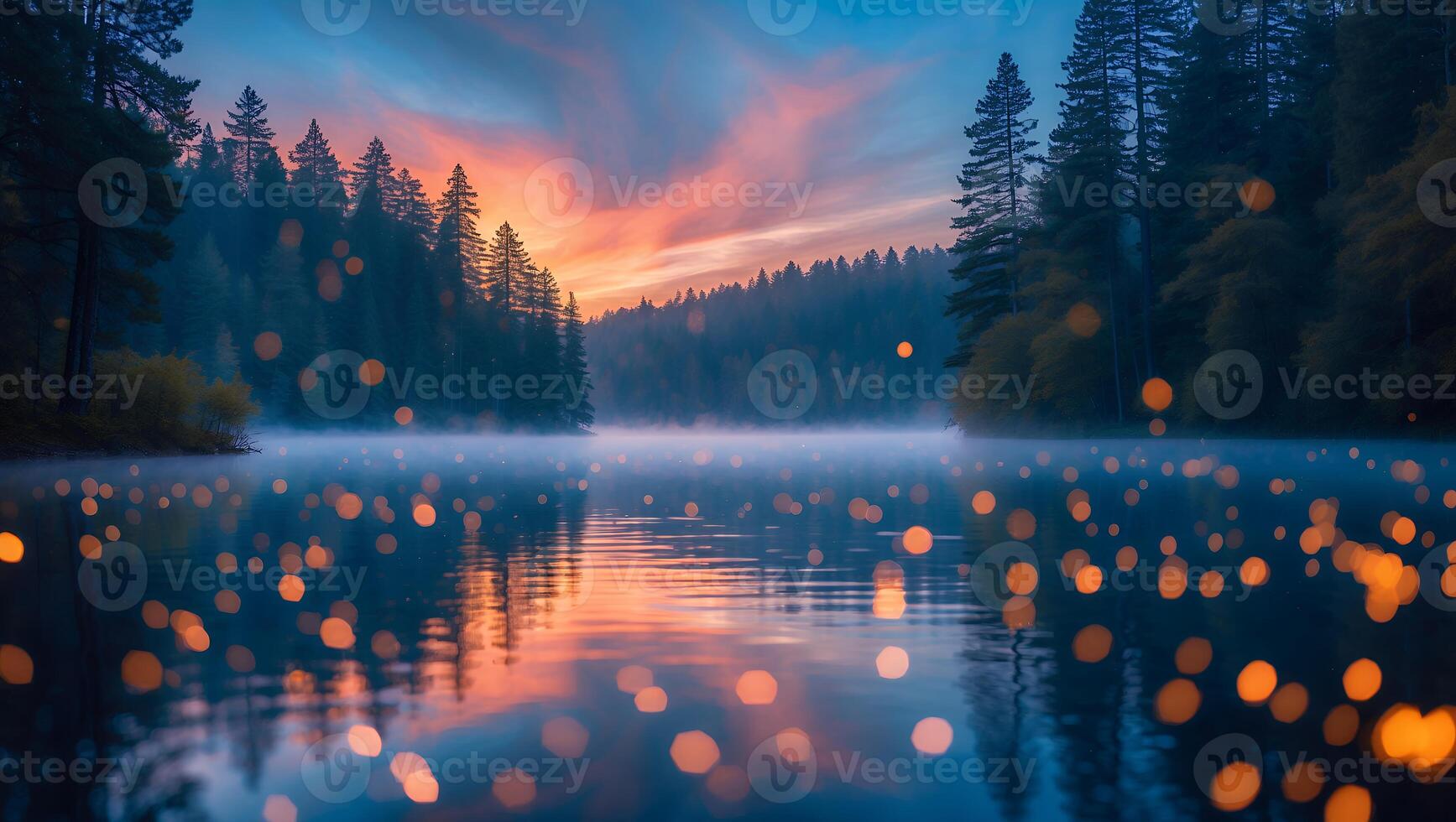 Reflecting Lake Scenery with Forest Trees and Fog at Sunrise photo