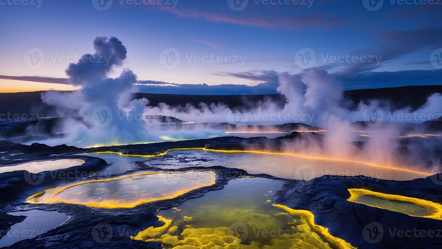 Geothermal Landscape with Steam Rising Over Pools at Twilight photo