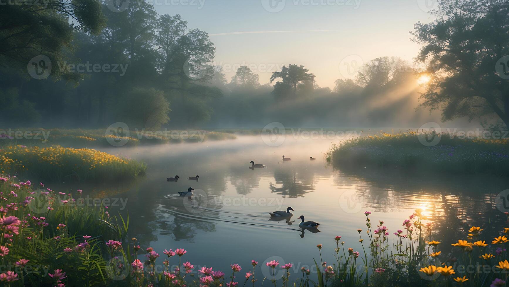 Ducks Swimming on Pond with Morning Mist and Sun Rays photo