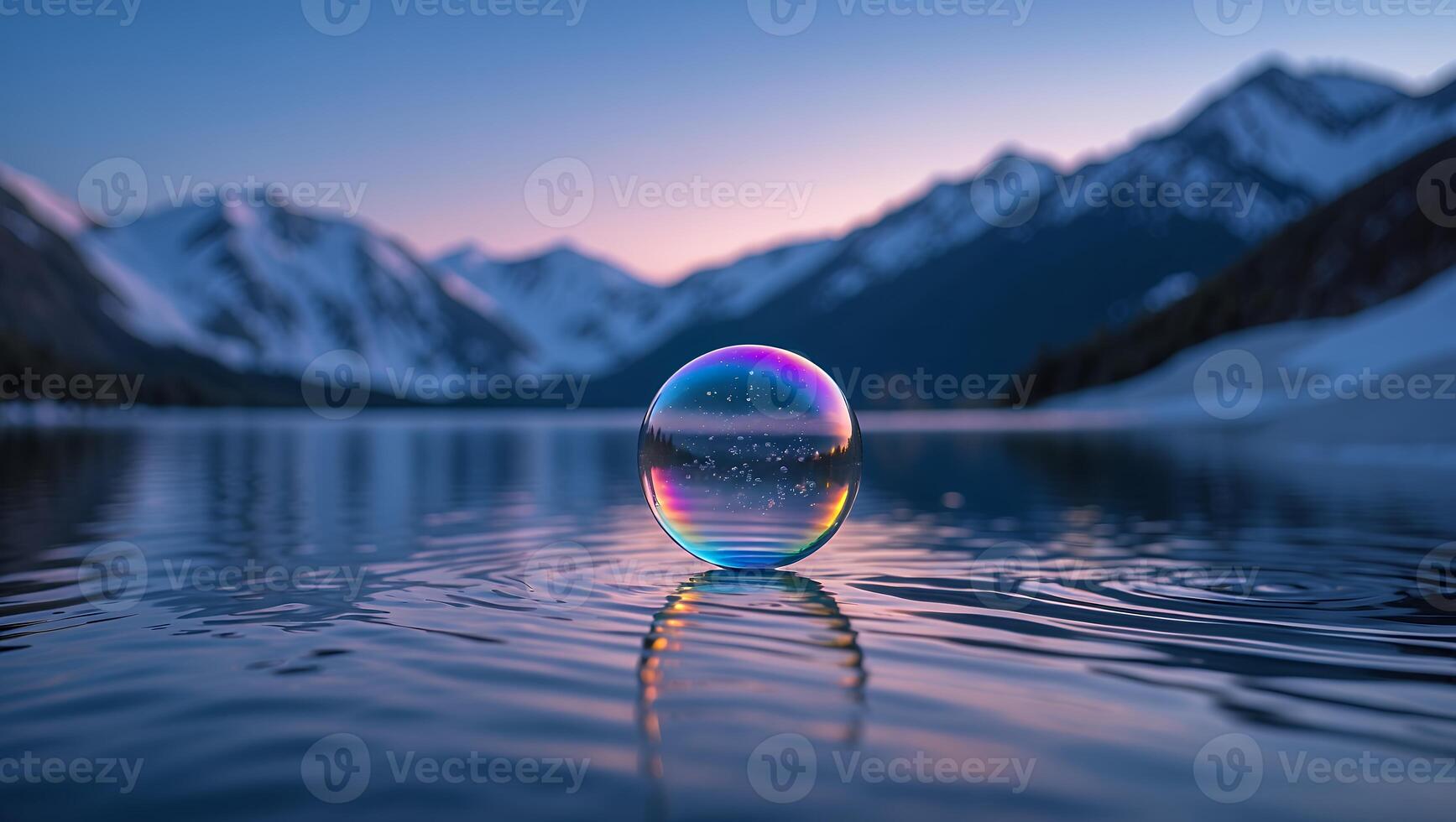Crystal Ball Reflecting Mountain Scenery on Lake Water at Twilight photo