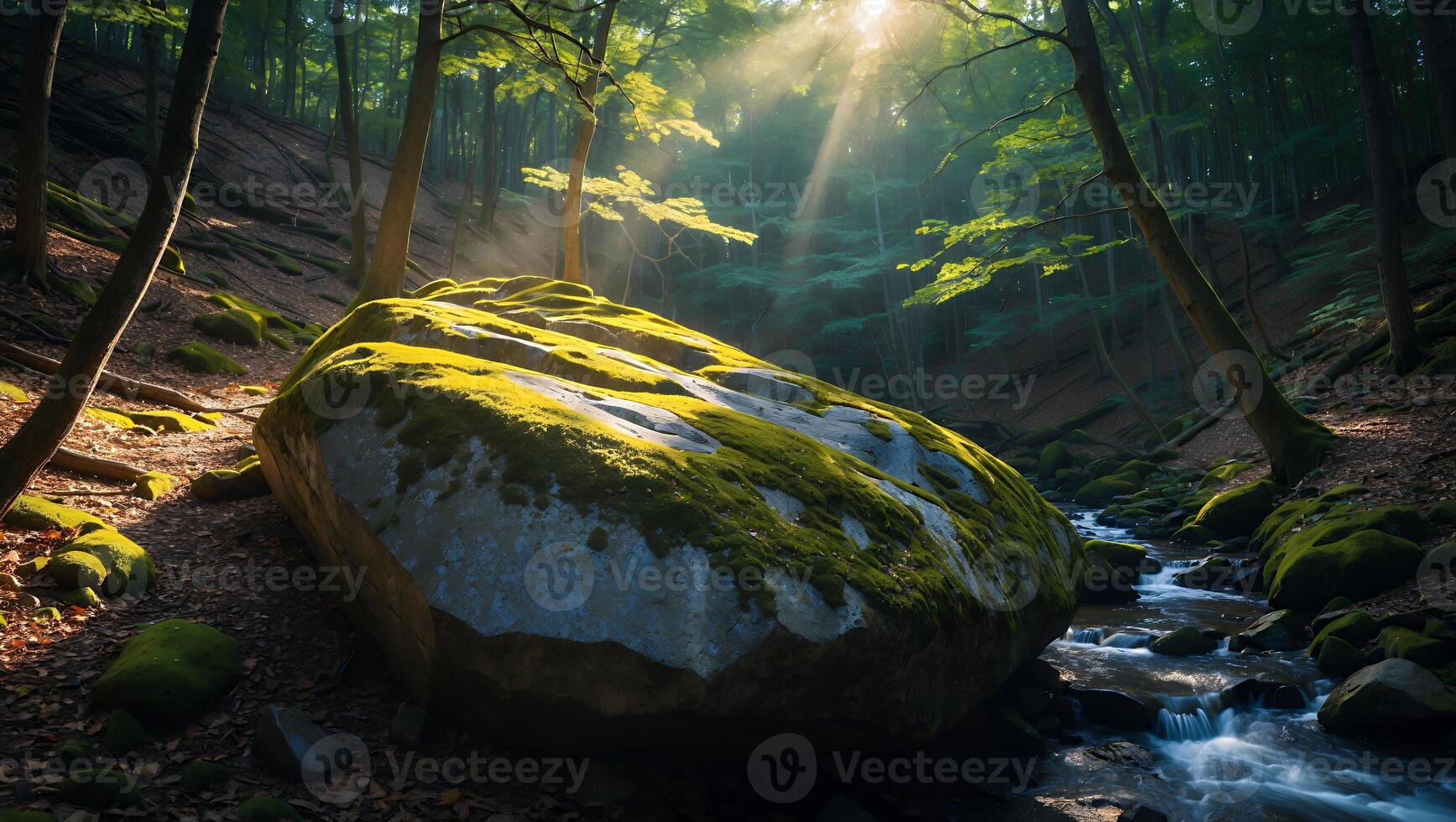 Mossy Boulder by Forest Stream with Sunlight Shining Through the Trees photo