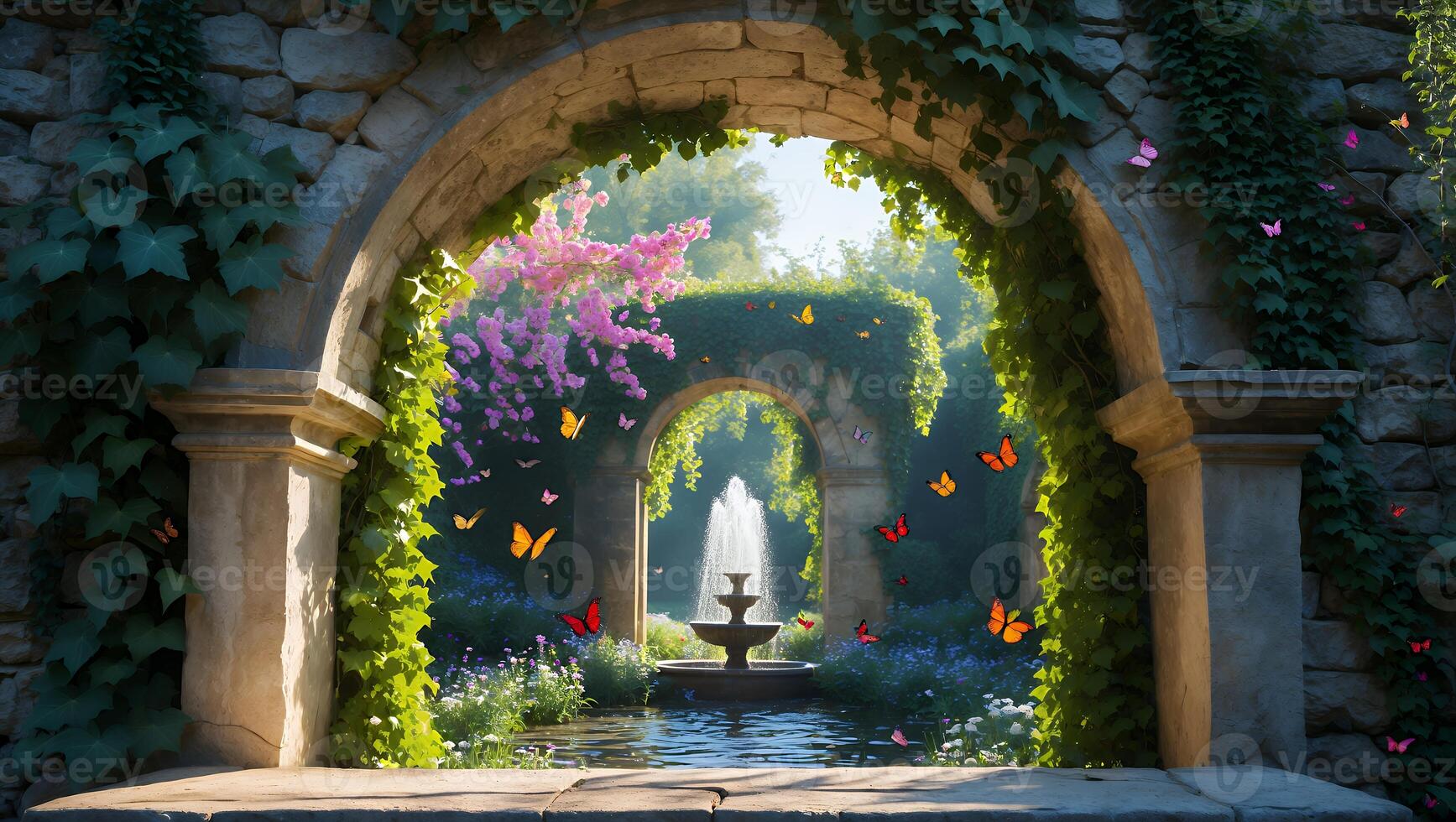 Viewing Fountain Through Stone Archway with Butterflies and Flowers photo