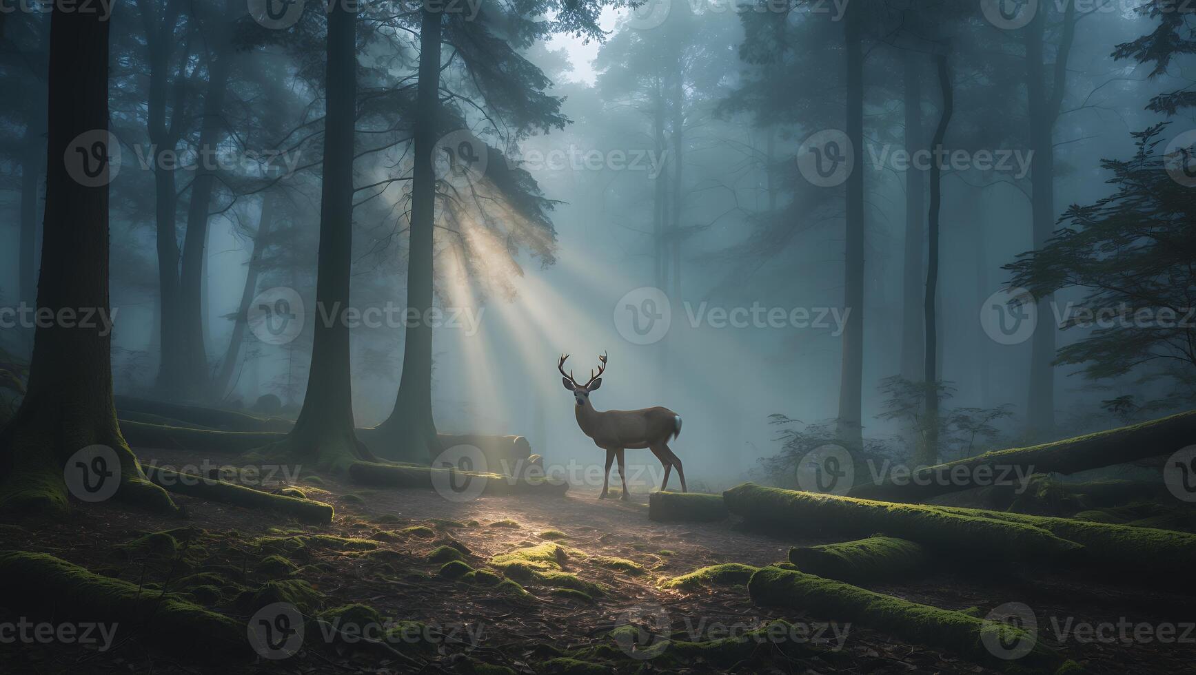 Deer Standing in Foggy Forest with Sun Rays Breaking Through Trees photo