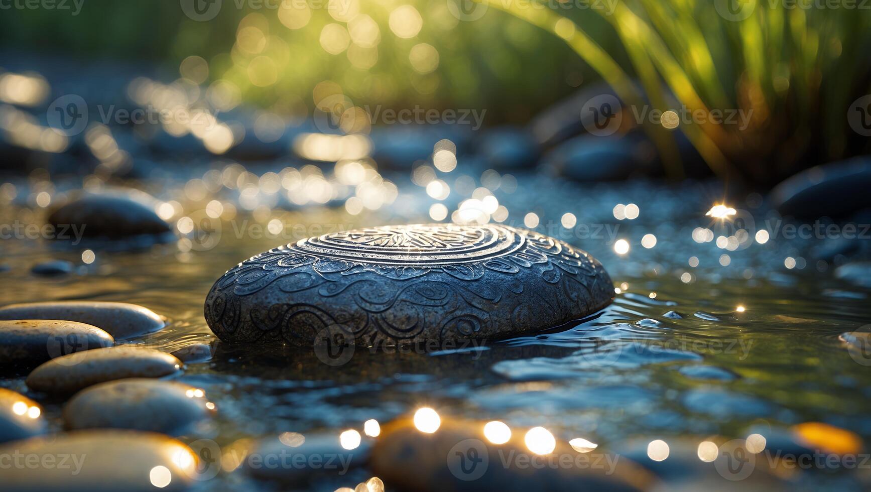 Engraved Stone Resting in Shallow Water with Bokeh Light Effect photo
