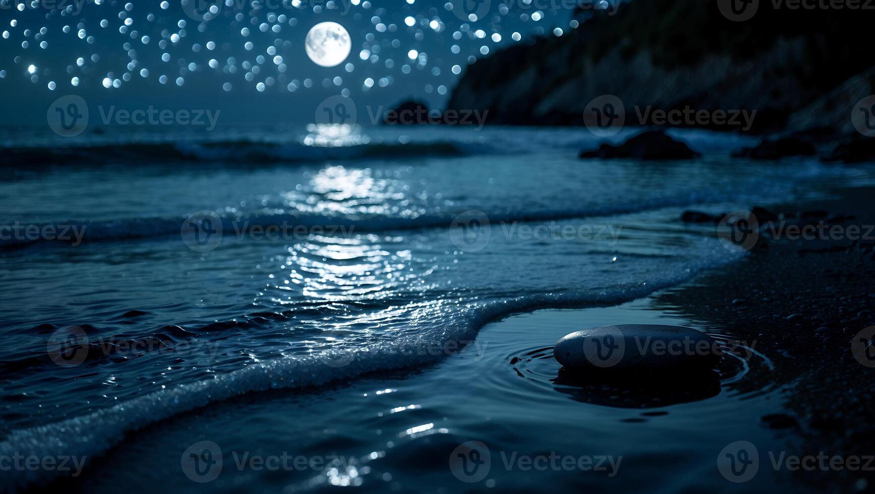 Night Ocean Scene with Moon and Sparkling Lights Reflection photo