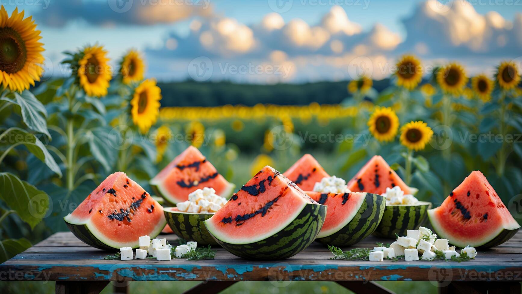 Slices of Watermelon with Cheese Cubes in Sunflower Field photo