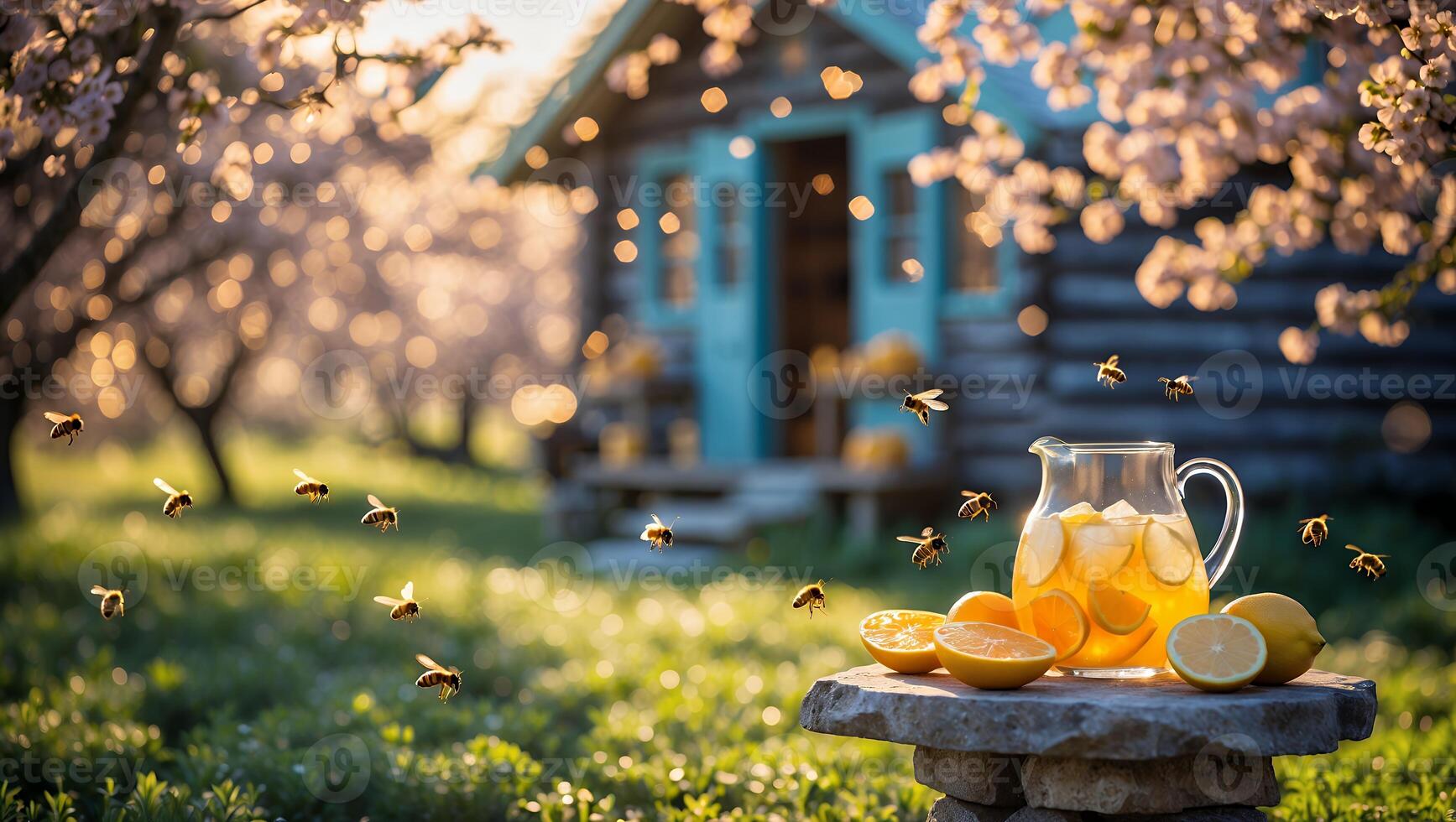 Lemonade Refreshment in Spring Garden with Bees and Cozy Cabin photo