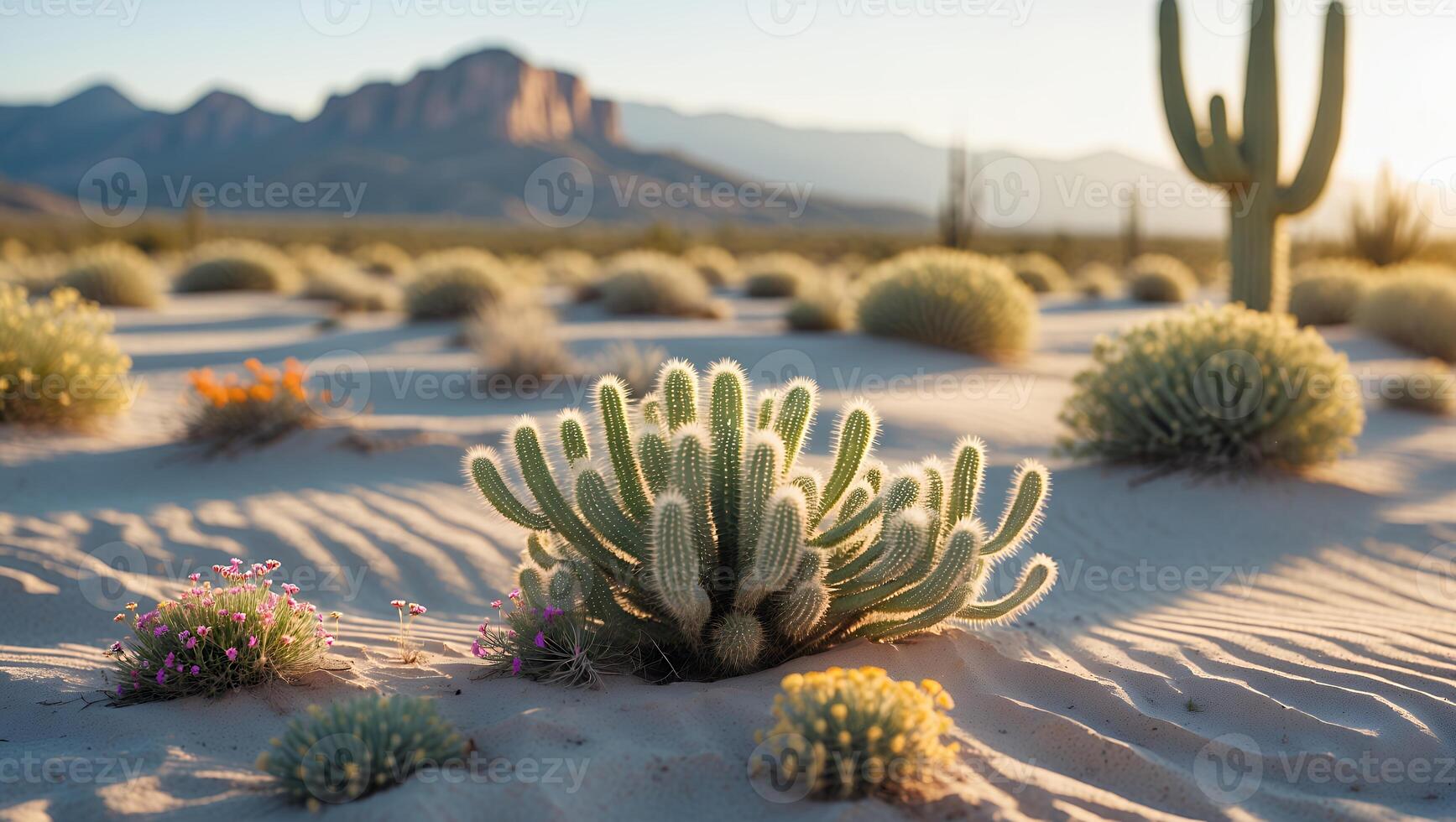 Exploring Arid Desert Landscape with Cactus and Wildflower Blooms photo