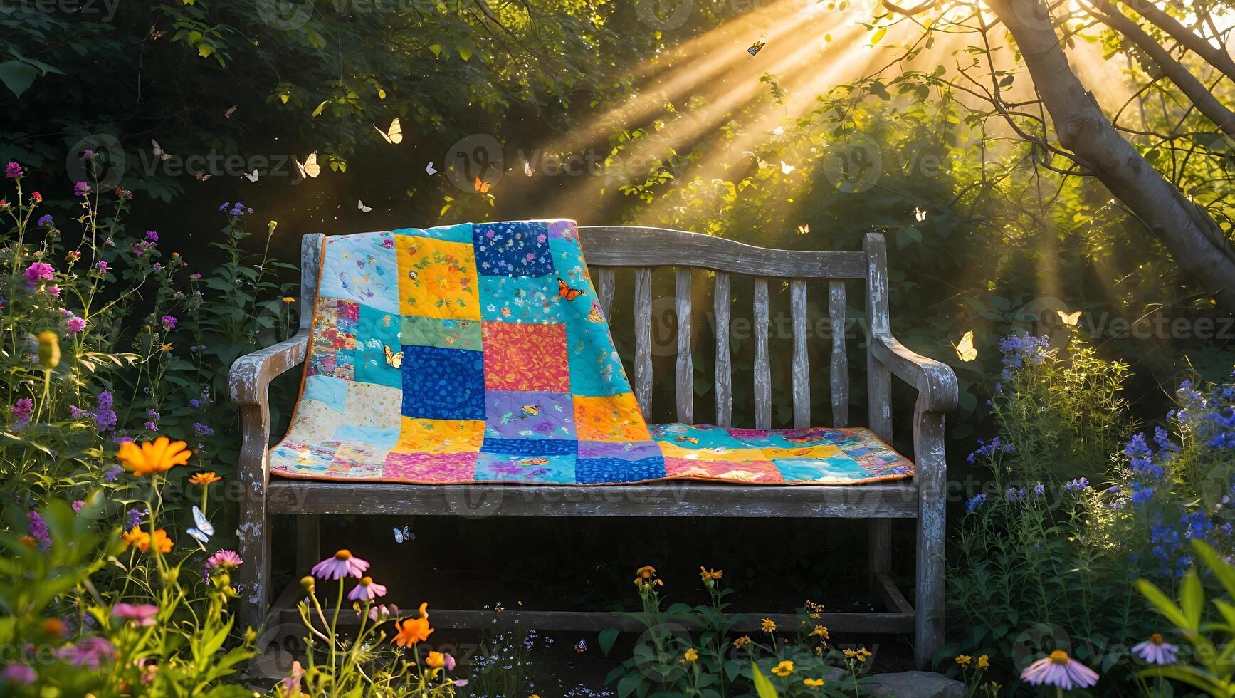 Patchwork Quilt on a Wooden Bench in a Sunlit Flower Garden photo