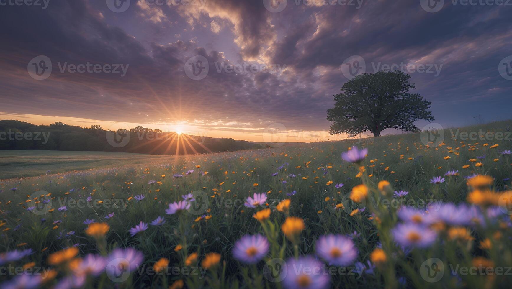 Sunset Field with Flowers and Tree Under Dramatic Cloudy Sky photo