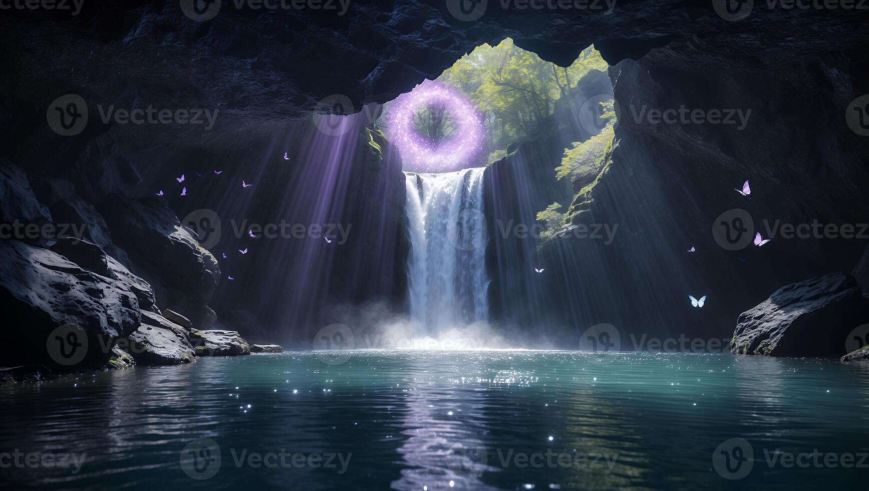 Waterfall and Cave with Magical Portal and Butterflies Scenery photo