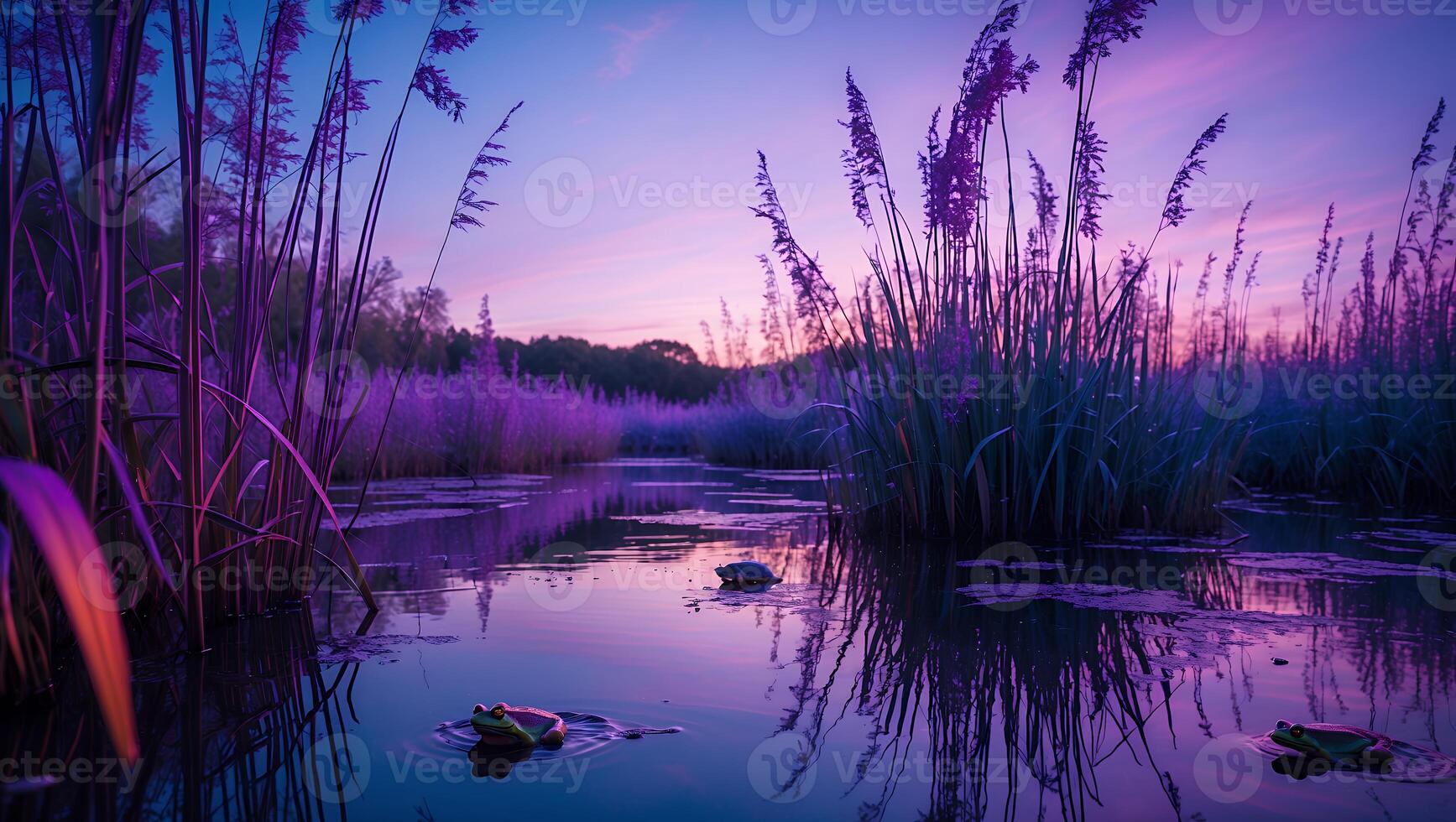 Frogs Resting on Water Lilies in a Purple Hued Wetland photo