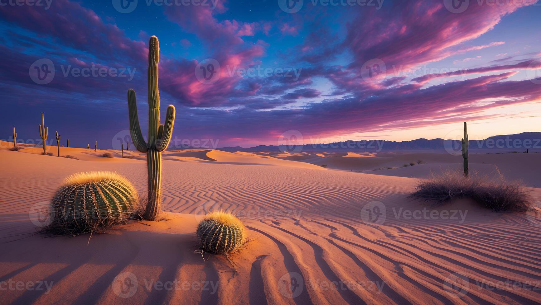 Desert Cactus Landscape at Sunset with Dramatic Sky and Sand Dunes photo