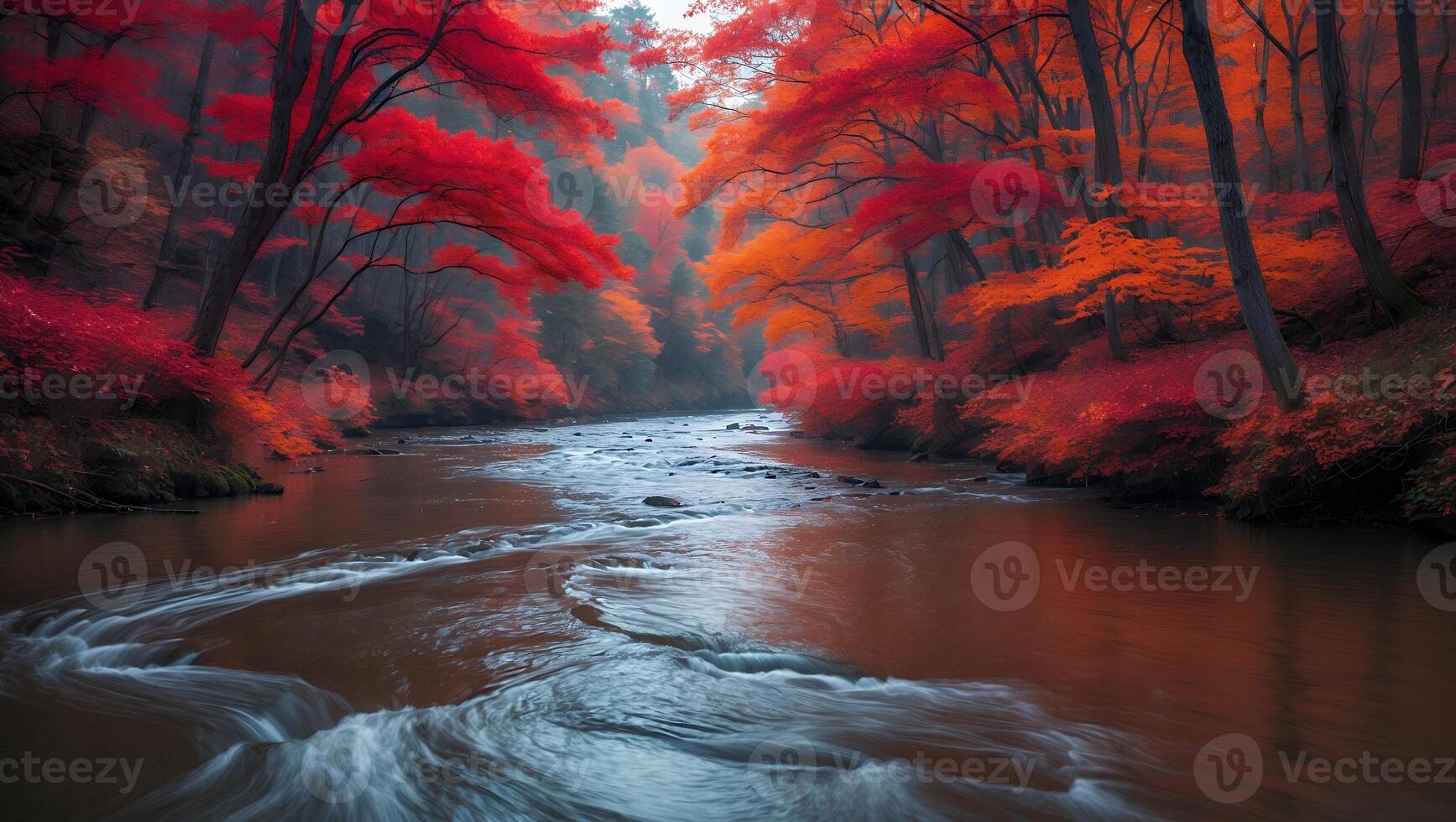 Flowing River Through Autumn Forest with Red and Orange Foliage photo