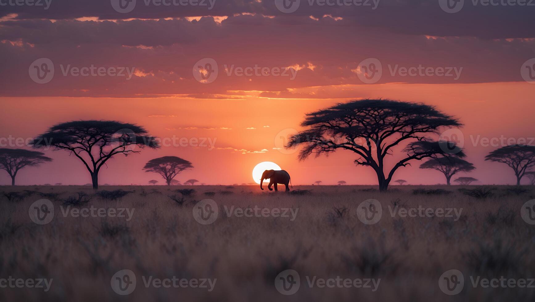 Elephant Walking Across Savannah Grassland During Dramatic Sunset Scenery photo