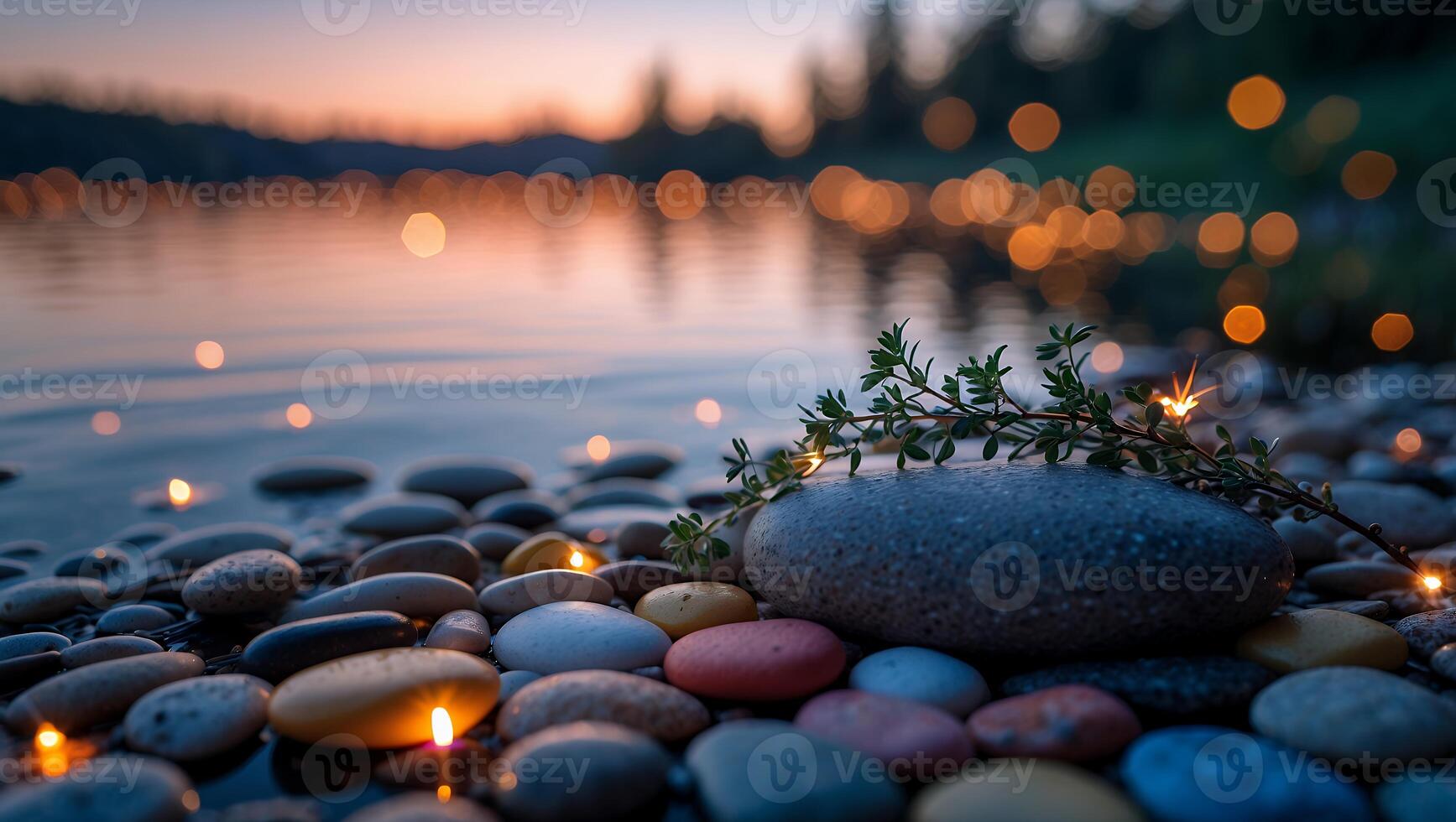 Pebble Beach at Dusk with Reflections and Plant on Rock photo