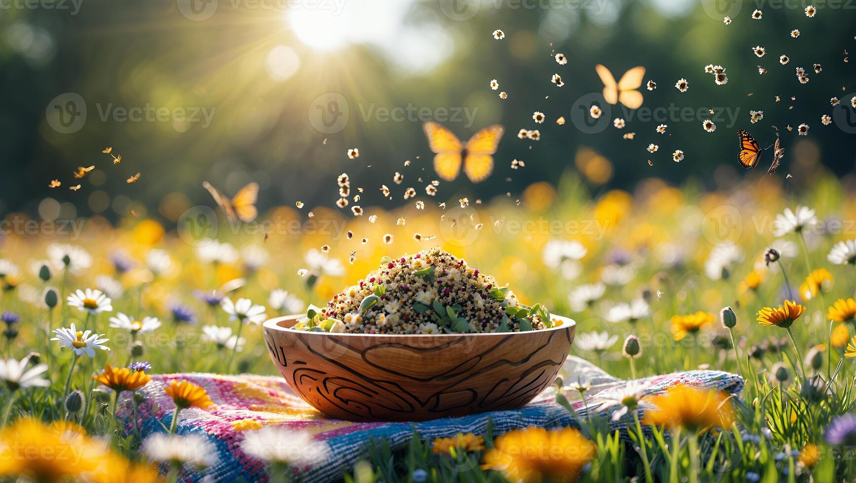 Enjoying Quinoa Salad in a Sunny Field with Butterflies photo