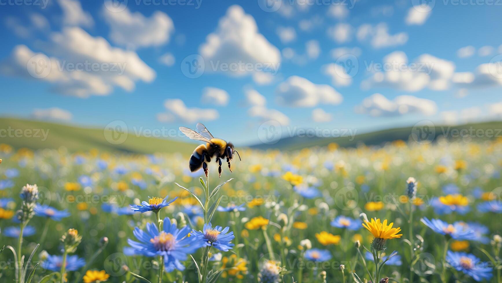 Bee Resting on Wildflower in Sunny Meadow Under Blue Sky photo