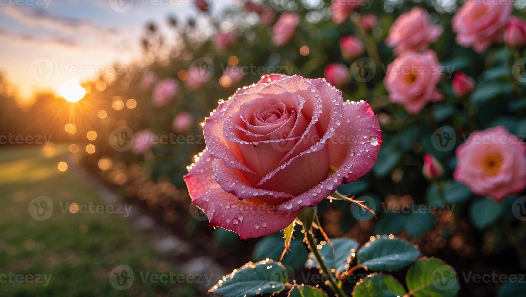 Blooming Rose Flower with Water Droplets at Sunrise in Garden photo