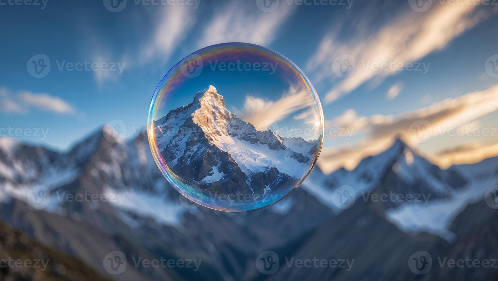 Mountain Peak Reflection in Bubble with Snowy Range and Blue Sky photo
